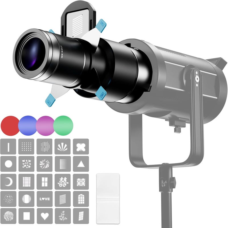 soonpho Bowens Mount Projector Attachment with Dual Magnetic GOBO Frame 4 Shutters,Optical Snoot Photography Kit for COB LED Light Compatible with Aputure Amaran Godox Neewer,4 Color Filters & 25 Gobos - Image 1